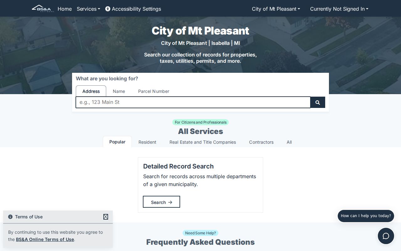 Mount Pleasant street directory BS&A property search fields