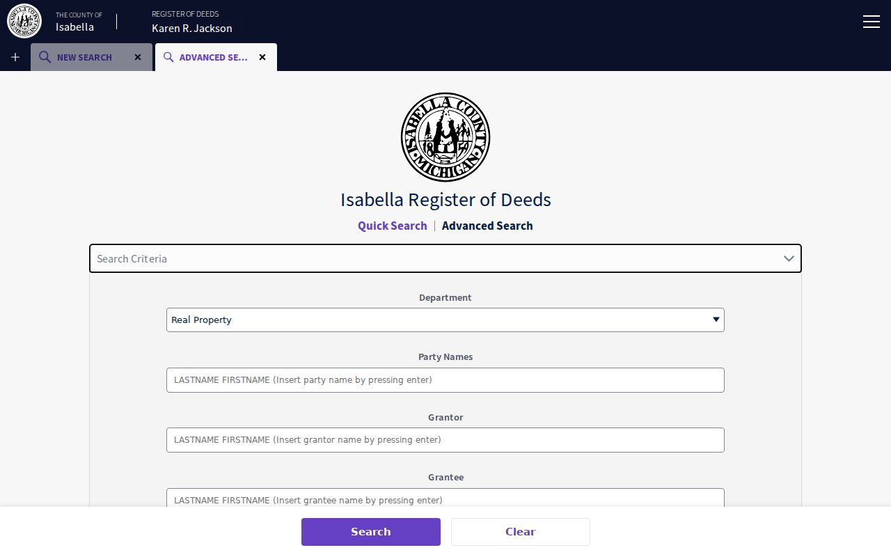 Mount Pleasant street directory Isabella deed advanced search fields