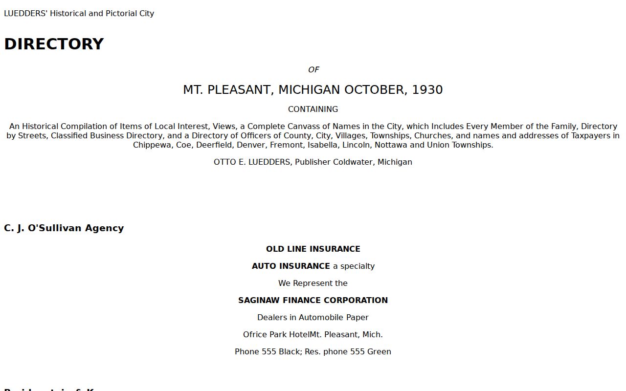 Mount Pleasant city directory Luedders 1930 historical archive